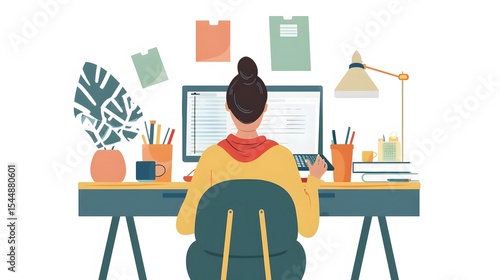 Illustration of a Woman Working Remotely at Her Desk