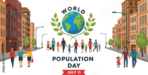 World population day celebration with families in a city street scene
