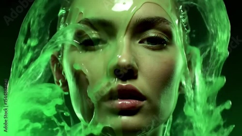 A woman's face covered in bright green slime with a dark background and dramatic lighting effects