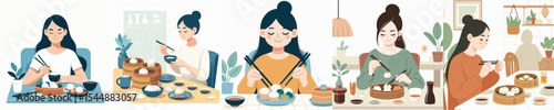 vector character woman eating dimsum