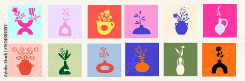 MPDERN vector set of abstract botanical elements, featuring stylized flower arrangements in various modern vases and jugs. 