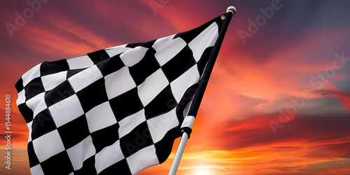 A checkered racing flag waves against a vibrant sunset