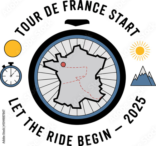 Outlined France route in circular bike wheel frame with compass icons and text tour de France start 2025  