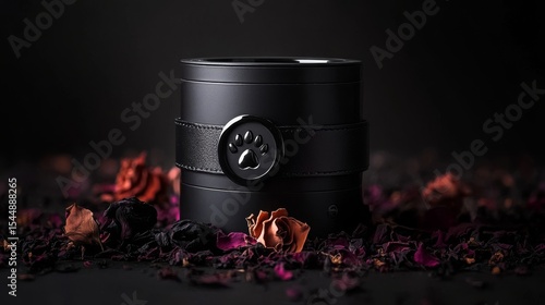 The concept of a pet funeral is illustrated through footage of a black cremation urn that has a paw print, a collar, and dried roses for remembrance purposes