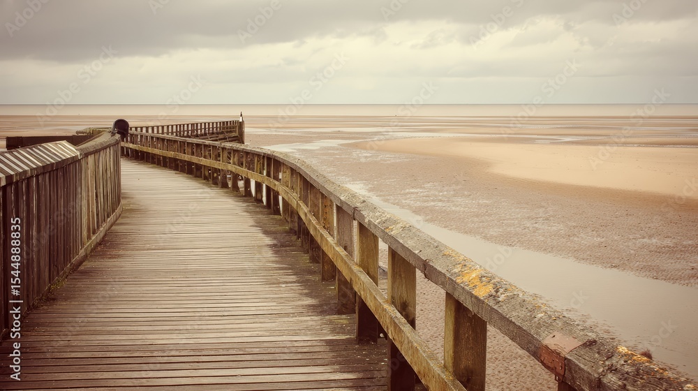 Tranquil wooden boardwalk on the beach, cloudy seaside escape scenic Tranquil wooden boardwalk on the beach, cloudy seaside escape scenic