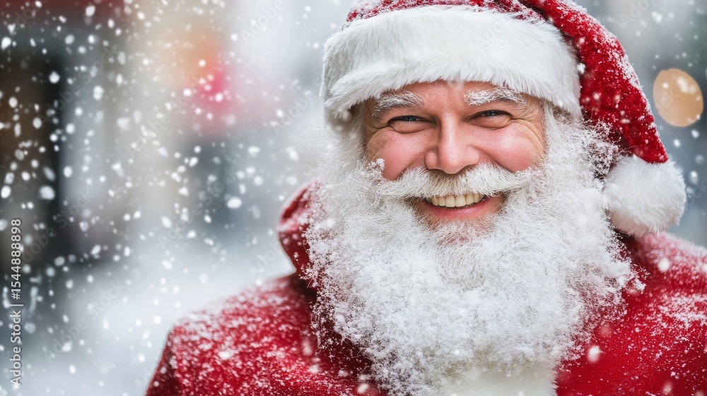 A bearded Santa Claus with a smile is situated in a winter village setting surrounded by snow during the Christmas season for a greeting card scene A bearded Santa Claus with a smile is situated in a winter village setting surrounded by snow during the Christmas season for a greeting card scene
