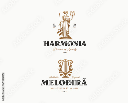 Beauty harmony goddess woman with harp symphony logo template for spa, cosmetics, wellness brand