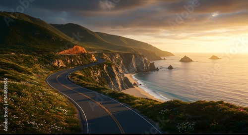 Winding Coastal Road at Sunset: Dramatic Landscape and Golden Light