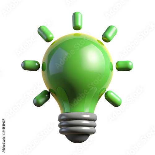 Green Light Bulb Icon, 3D Render, Shiny, Idea, Innovation, Concept, Technology,...