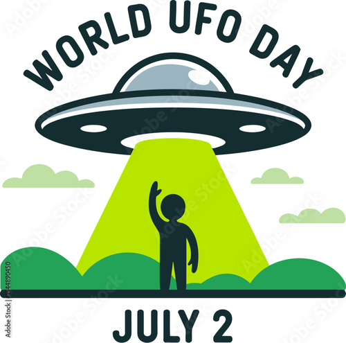 UFO abducting human under world ufo day july 2 banner in shaded landscape sci-fi logo illustration  