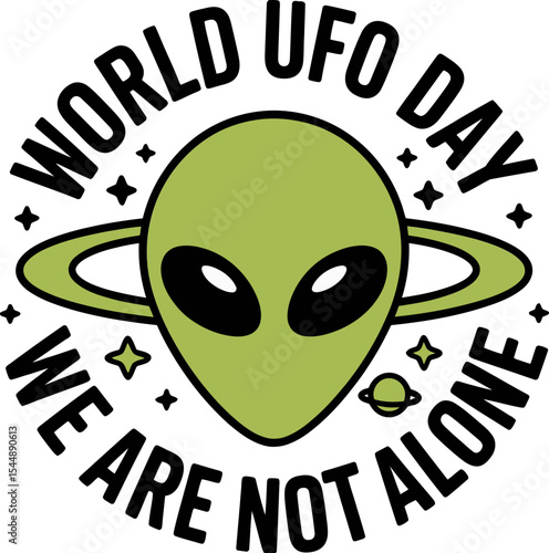 Classic alien face with orbit details inside circular logo celebrating world ufo day with badge layout  