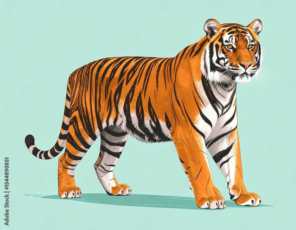 Obraz premium Majestic Bengal tiger standing detailed illustration orange and black stripes light teal background