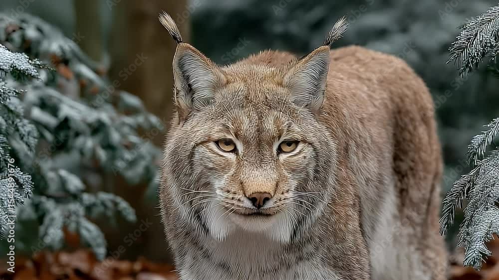 Majestic Lynx Staring Directly at the Camera in a Forest Setting Majestic Lynx Staring Directly at the Camera in a Forest Setting