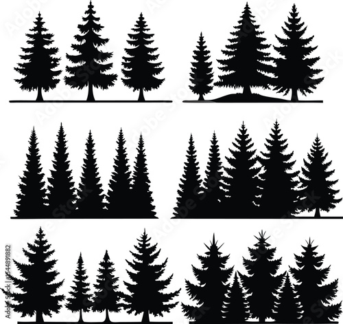 Silhouette of Evergreen Trees Set on White Background,Pine fir tree tall tree isolated premium vector image, black and white tree silhouettes,coniferous trees, pine trees,fir trees silhouettes set,Ai