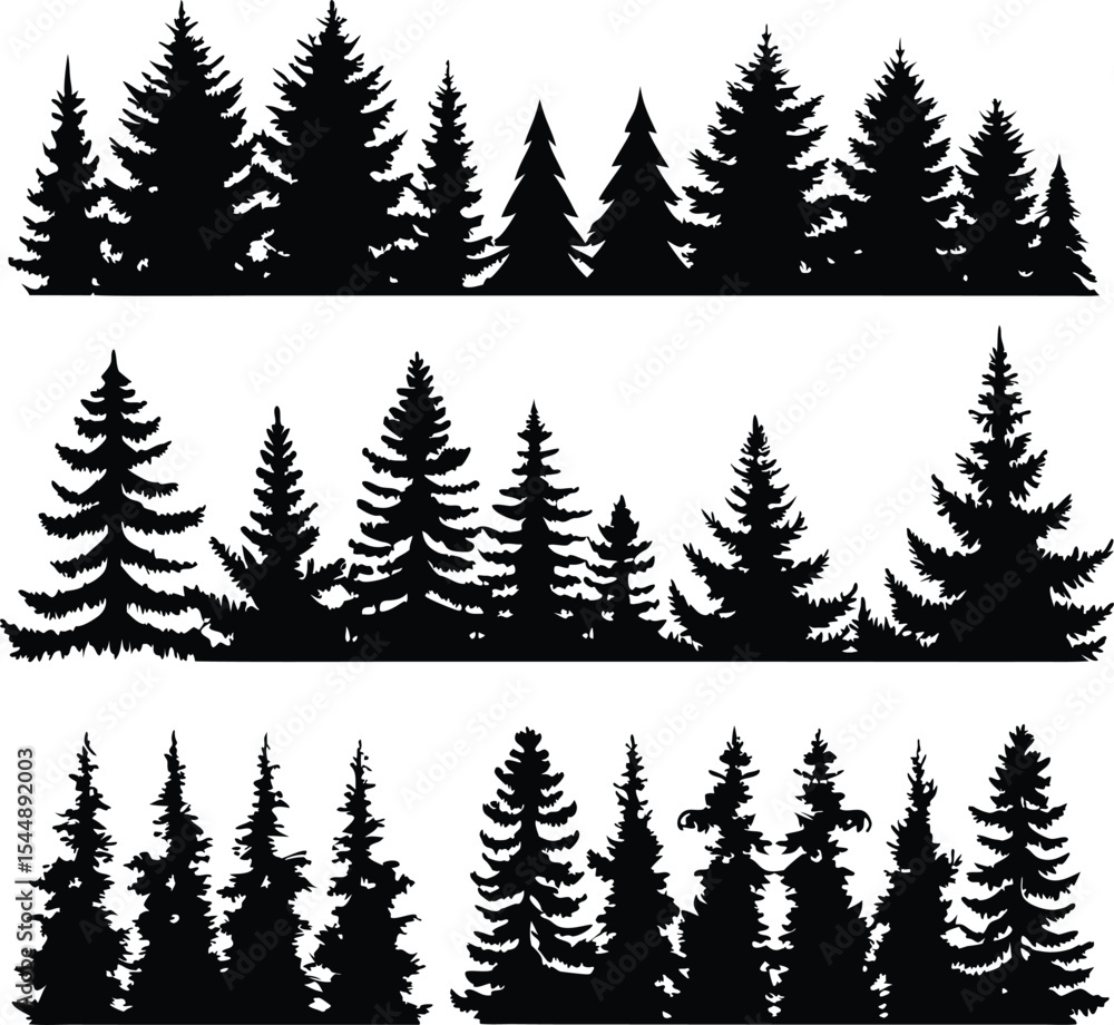 Obraz premium Silhouette of Evergreen Trees Set on White Background,Pine fir tree tall tree isolated premium vector image, black and white tree silhouettes,coniferous trees, pine trees,fir trees silhouettes set,Ai