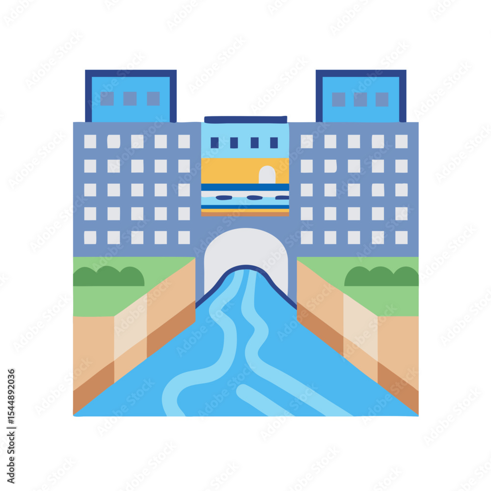 Naklejka premium Urban water supply building with channel icon illustrating a city infrastructure for water treatment and distribution, vector illustration