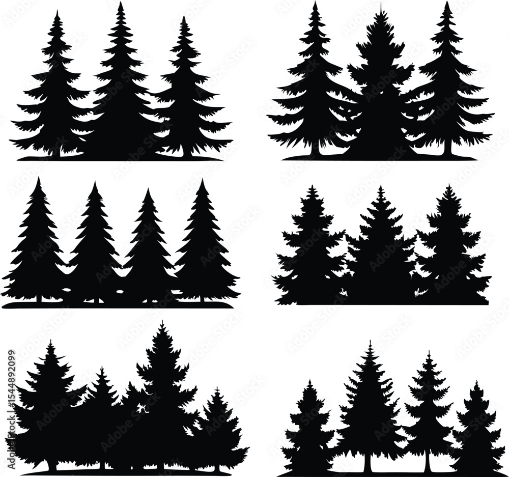 Obraz premium Silhouette of Evergreen Trees Set on White Background,Pine fir tree tall tree isolated premium vector image, black and white tree silhouettes,coniferous trees, pine trees,fir trees silhouettes set,Ai