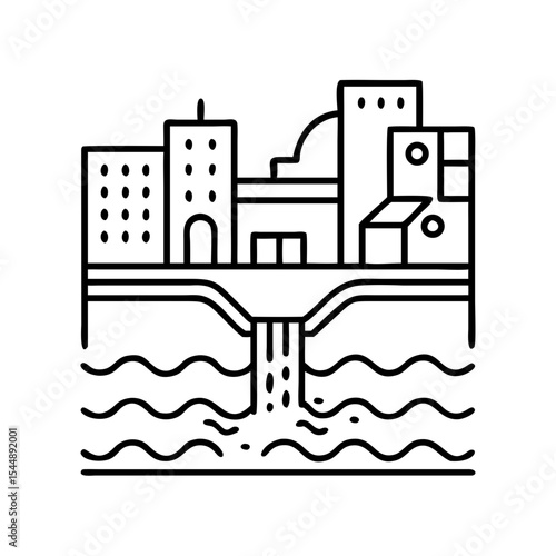 Urban water drainage system monochrome icon design showing city buildings and wastewater flow, a vector illustration of public sewerage infrastructure