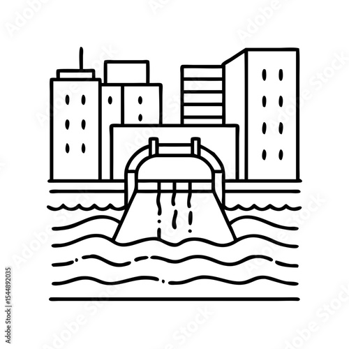 Urban water discharge system with city building icon, showing water draining into a body of water, for infrastructure regulation vector illustration