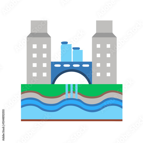 Urban well structure showing water supply from underground to city buildings, flat graphic vector illustration and icon