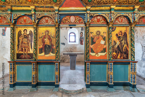 Intricate iconostasis and altars inside Hagia Eleni Church, a historic site in Sille Village near Konya, Turkey, showcasing stunning religious artwork and architecture