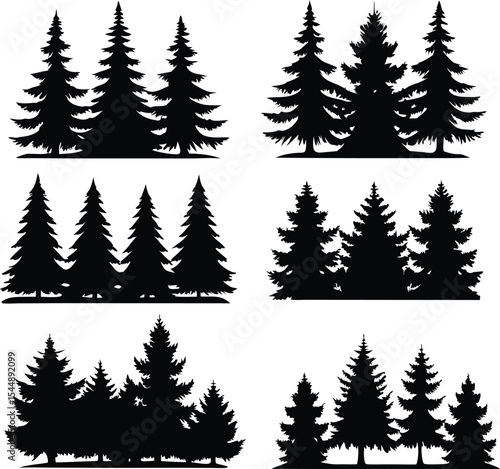 Silhouette of Evergreen Trees Set on White Background,Pine fir tree tall tree isolated premium vector image, black and white tree silhouettes,coniferous trees, pine trees,fir trees silhouettes set,Ai