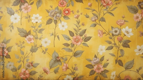 Wallpaper texture from 80s kitchen, floral vintage pattern with yellow tint and aged surface.