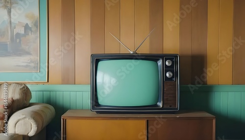Background of an old living room with wood panel walls and analog TV, 1990s color palette, nostalgic mood.