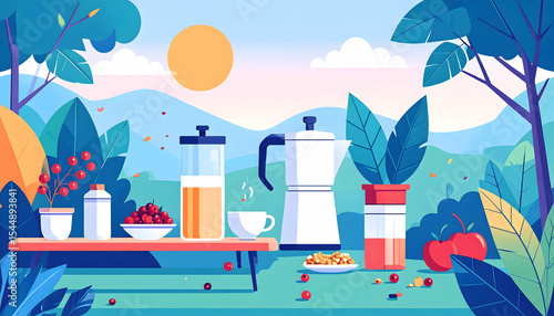 Wallpaper Mural Summer Morning Breakfast Outdoors: Pixel Art Illustration of Tea and Coffee on a Table Surrounded by Lush Greenery and Mountains Torontodigital.ca