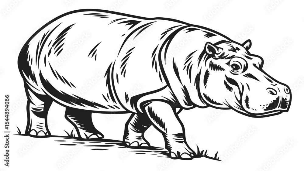 Fototapeta premium Illustration of a hippopotamus walking with detailed line work and shading on a white background image created with generated ai