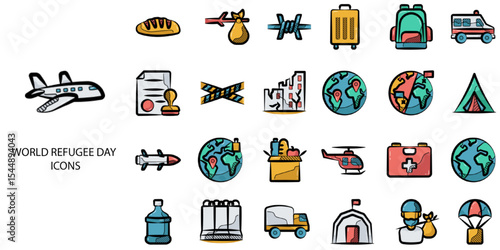World Refuge day simple concept 24 hand drawn color icons set .Vector illustration.