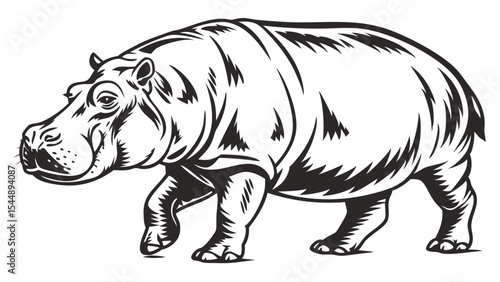 Illustration of a hippopotamus walking with detailed line work and a white background in a vector format created with generated ai
