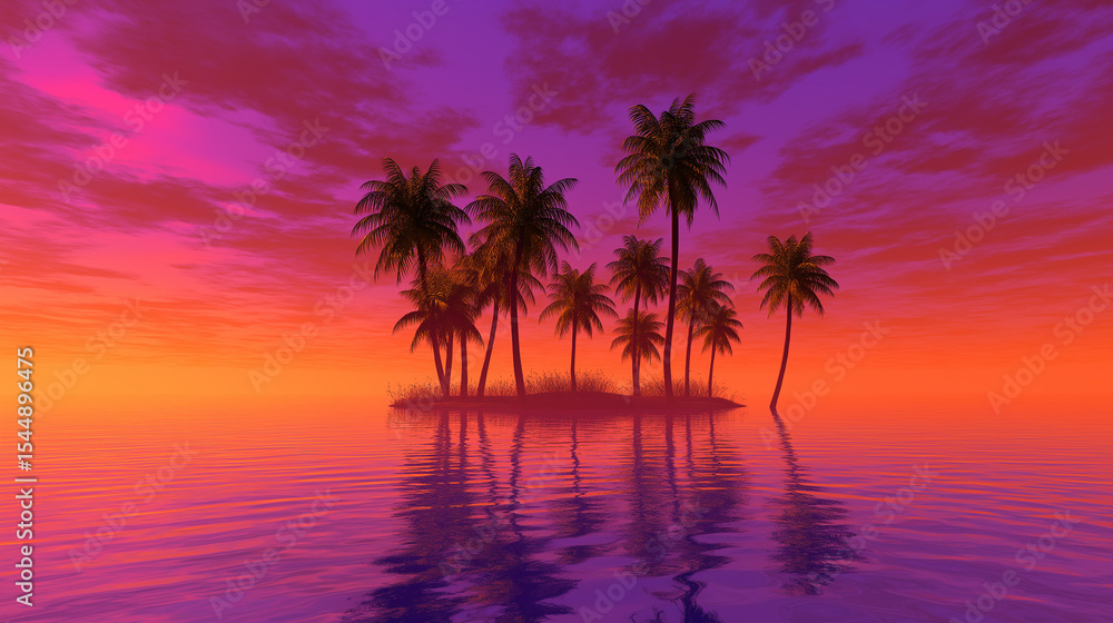 Palm Tree Island at Colorful Sunset Reflecting on Water Palm Tree Island at Colorful Sunset Reflecting on Water