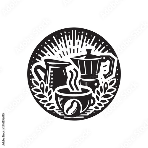 A stylized monochrome coffee illustration featuring a moka pot, creamer, and steaming cup, encircled by wheat and sunburst.