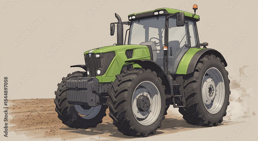 Obraz premium Green Tractor Moving on Field Illustration for Agriculture