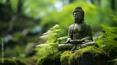 A pristine Buddha statue in a meditative pose, set against a soft-focus background of a lush, green forest, representing purity and mindfulness