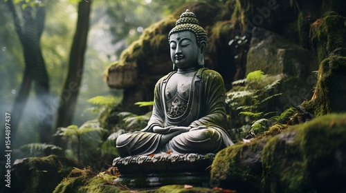 A peaceful Buddha statue meditating in a Japanese zen garden or temple, surrounded by moss-covered stones and lush greenery