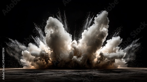 Massive White Smoke Cloud Erupts on Dark Ground with Warm Illumination Style
