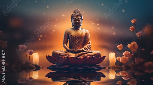 Golden Buddha Statue with Teaching Gesture (Vitarka Mudra) in a Garden with Yellow Flowers - Spiritual Blessing Concept