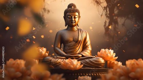 Atmospheric Image of a Golden Buddha in Meditation Surrounded by Soft Lotus Flowers - Concept of Peace and Serenity