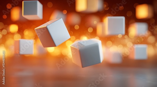 Multiple White Cubes Floating in Front of Abstract Orange Bokeh Background Illustration