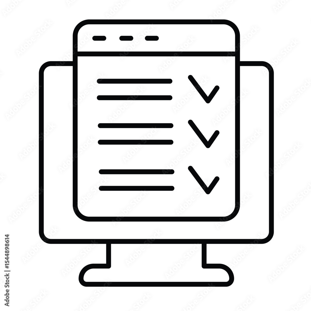 Monitor screen with checklist window thin line icon, remote work concept. Vector graphics. Display and task schedule plan sign on white background, style mobile or design. Monitor screen with checklist window thin line icon, remote work concept. Vector graphics. Display and task schedule plan sign on white background, style mobile or design.