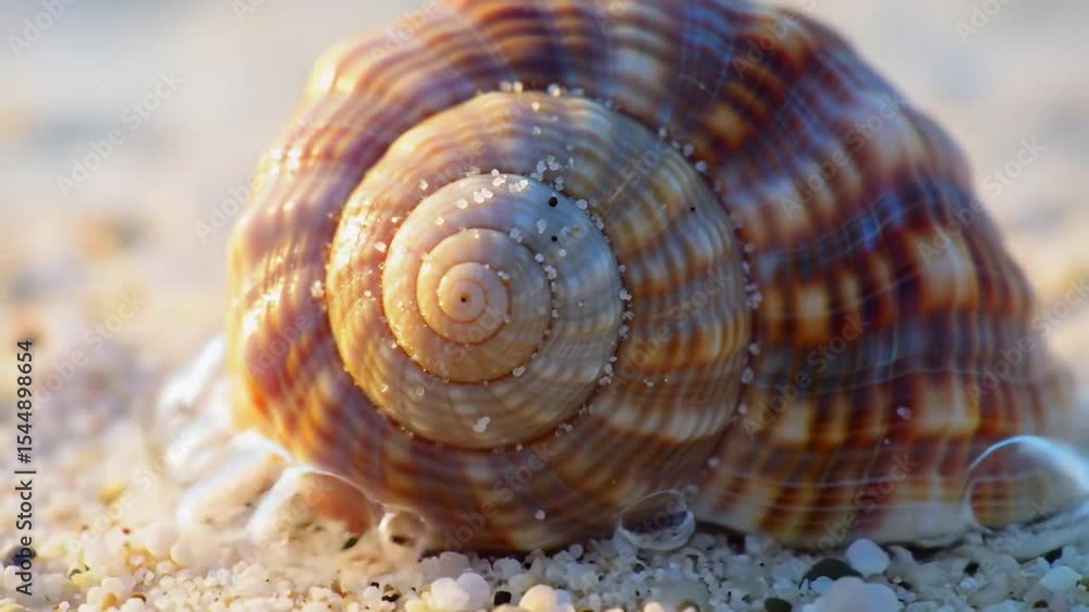 Close up of a spiral seashell resting on a sandy beach with small pebbles around it at sunset Close up of a spiral seashell resting on a sandy beach with small pebbles around it at sunset
