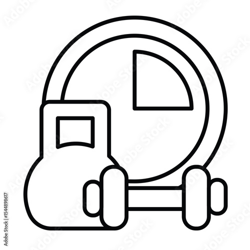 Dumbbell pair and clock thin line icon, remote work concept. Vector graphics. Sport club timer sign on white background, style mobile or design.