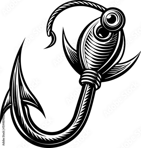 black and white fish Fishing Hook Silhouette – Double Hook Icon with Rope – Vector Illustration