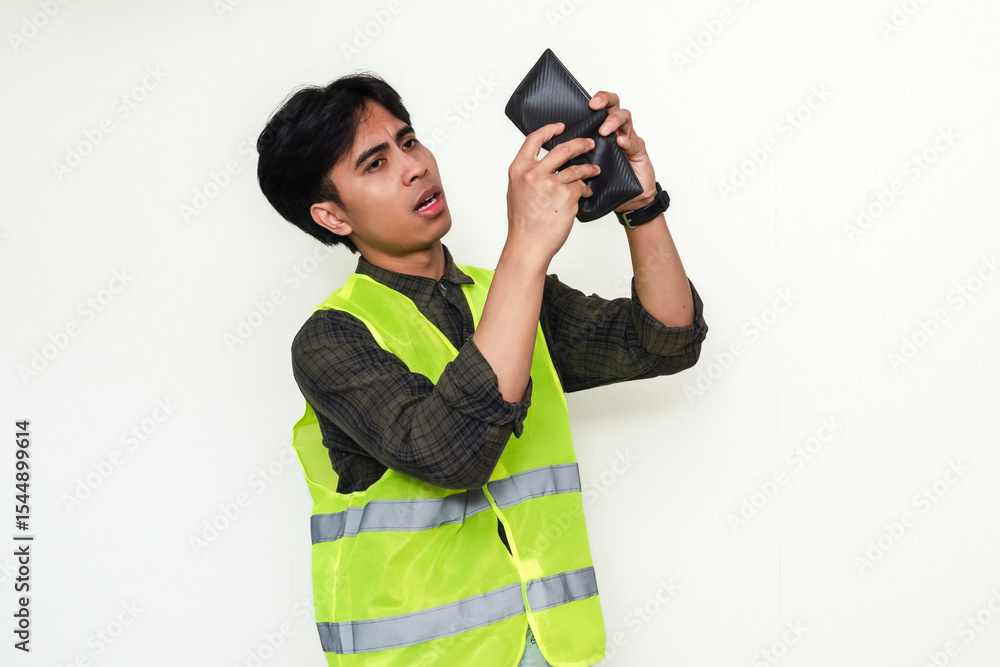 Fototapeta premium Sad Asian construction worker holding empty wallet, looking confused and hopeless. Isolated on white background. Concept of poverty, debt, job loss, and economic hardship