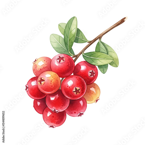 Cranberries with Leaves Isolated on Transparent PNG Background - Watercolour Art