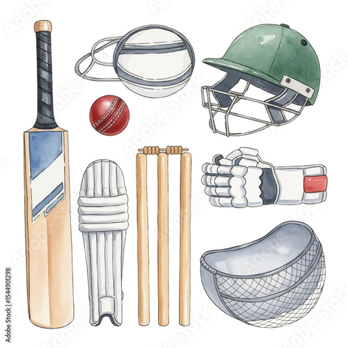 Cricket Gear Isolated on Transparent PNG Background - Watercolour Art
