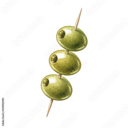 Olives on Stick Isolated on Transparent PNG Background - Watercolour Art
