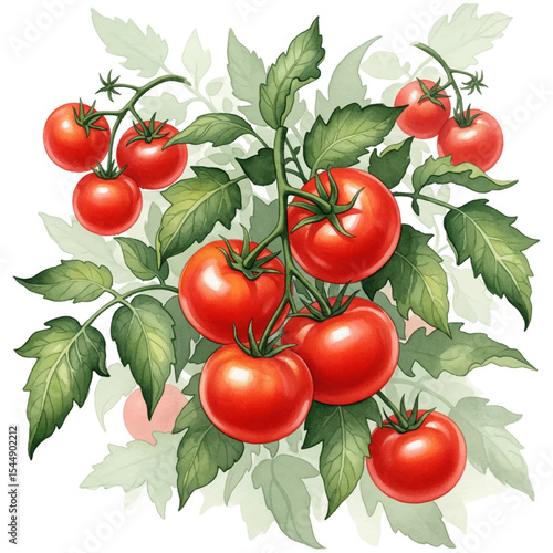 Tomatoes with Leaves Isolated on Transparent PNG Background - Watercolour Art